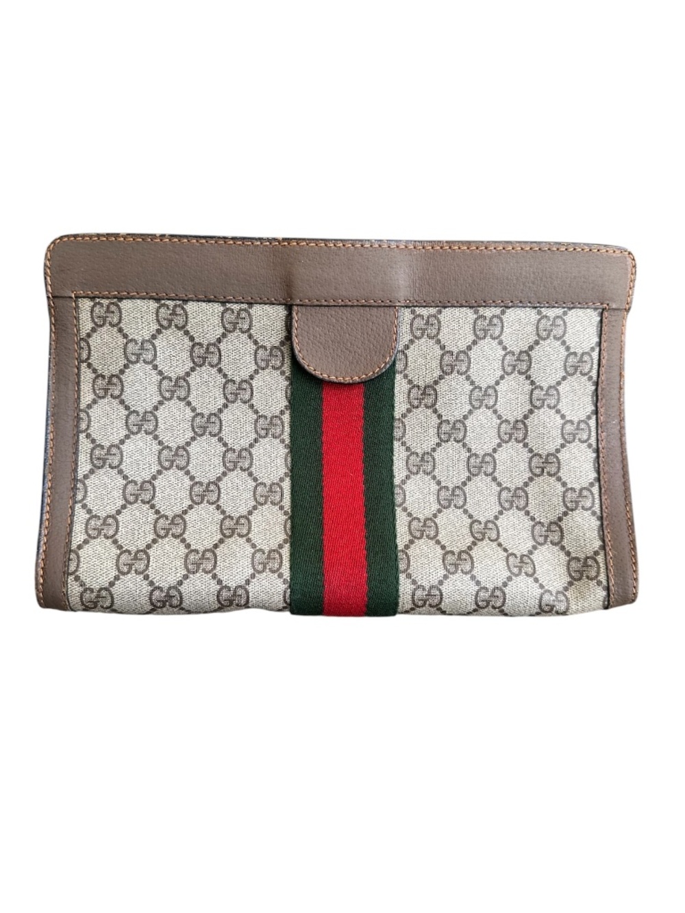 Gucci Vintage Beige & Brown GG Sherry Line Green/Red Web Clutch Bag